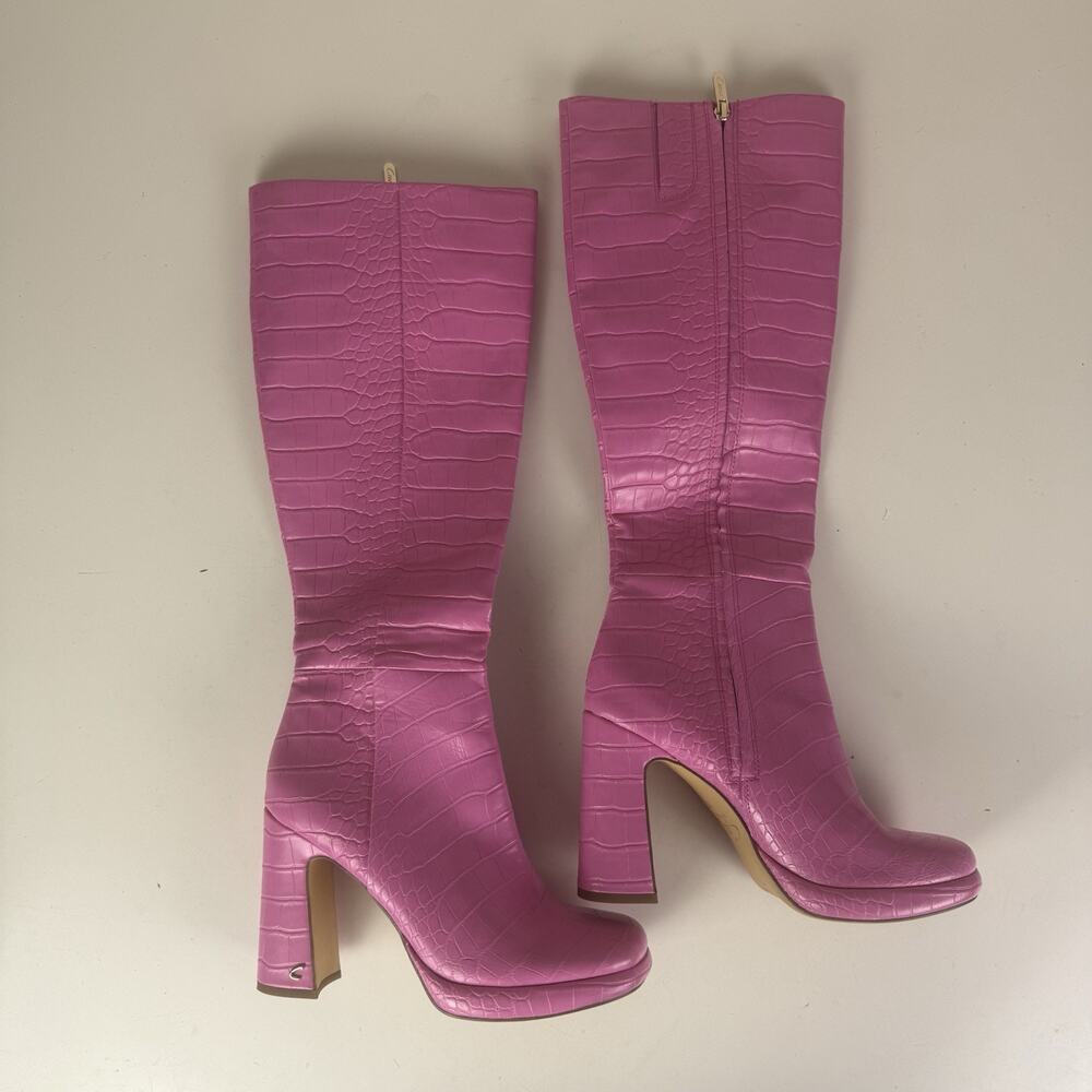 Sam Edelman Pink Croc-Embossed Knee-High Heeled Boots